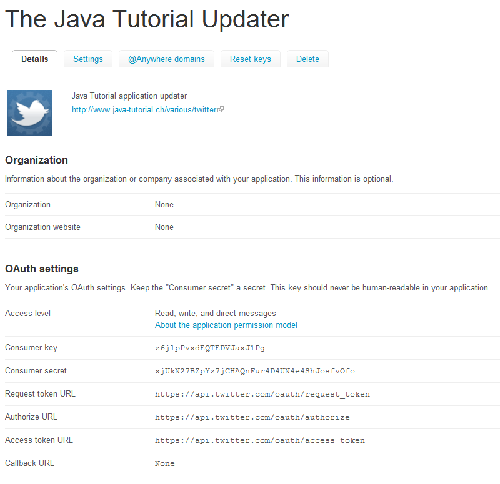 Twitter application configuration screen